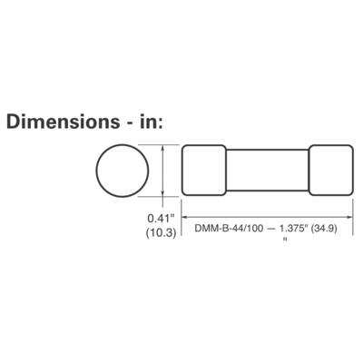 'Dimensions - in: DMM-B-44/100 – 1.375" (34.9). Diameter: 0.41" (10.3).' Diagram shows cylindrical object with measurements.