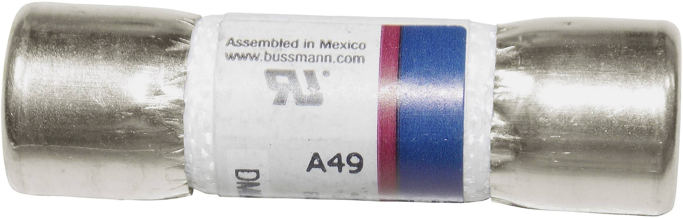 Metal fastener with the inscription 'Assembled in Mexico', 'www.bussmann.com', and 'A49'.
