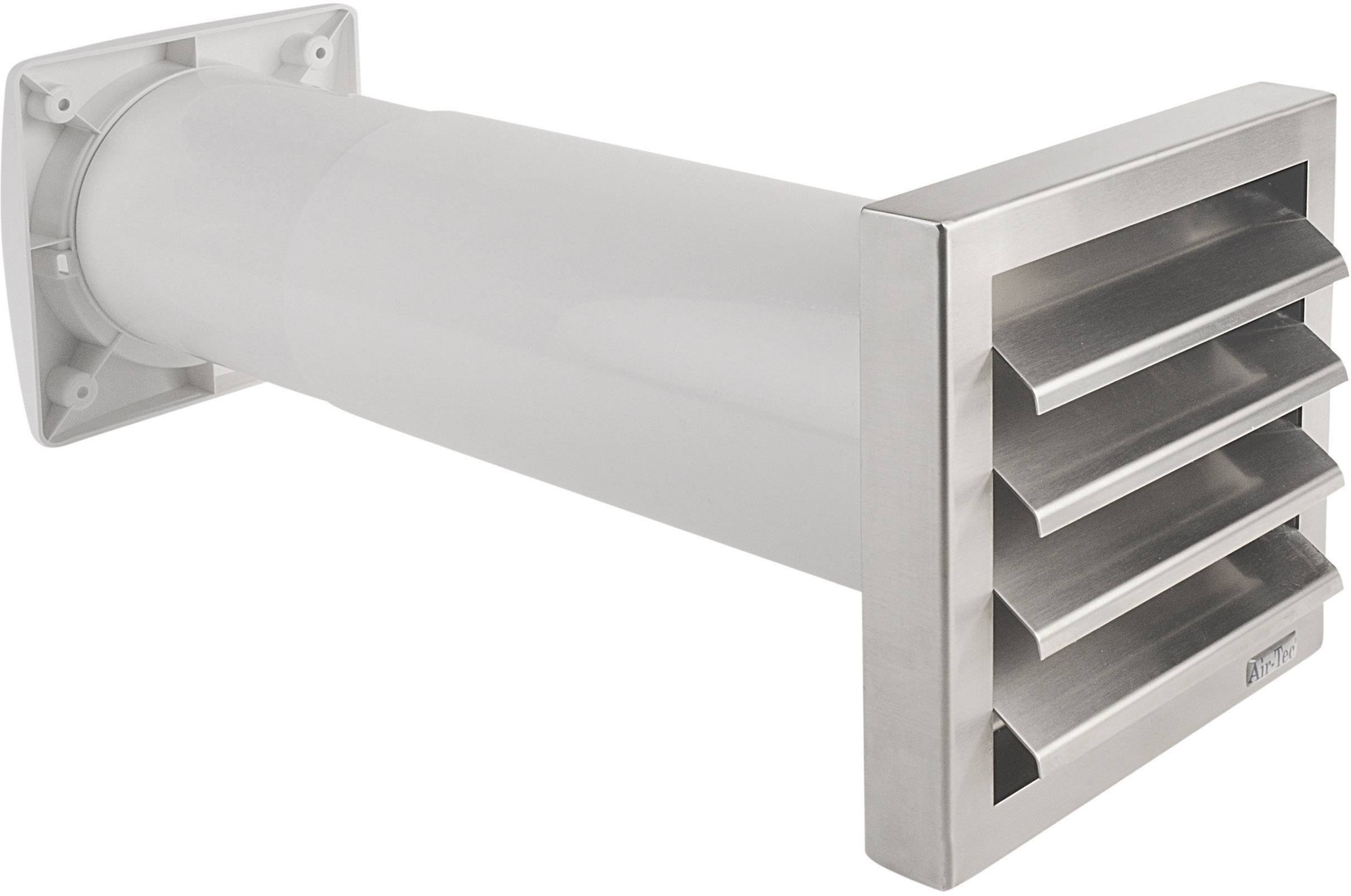 Metallic ventilation grille with rectangular louvres, attached to a circular air duct. Used for ventilation purposes.