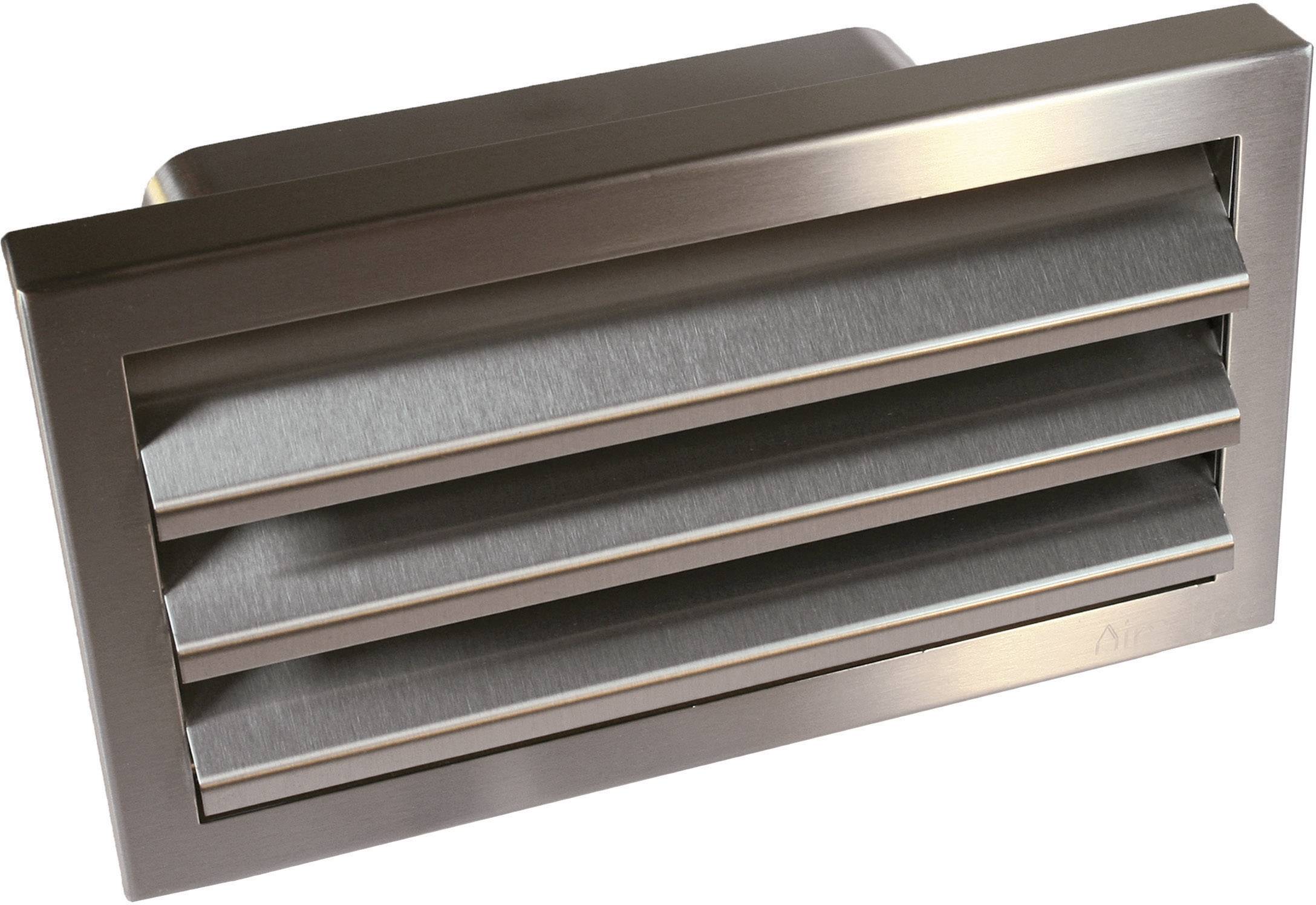 'Rectangular, silver-coloured ventilation grille with three angled slats, pictured from the front. Used for air circulation in buildings.'