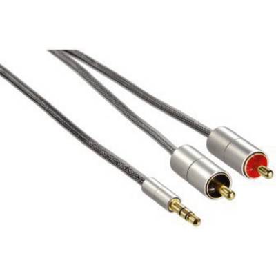 Three audio cables: a 3.5mm jack plug, two phono plugs (red and white). They are used for connecting audio devices.