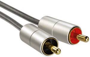 Two RCA plugs, one red, one black, with metal casing and gold-plated connections, for audio/video connections.