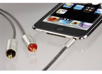 A smartphone connected to an audio cable, which terminates with two RCA plugs. The music app is displayed on the screen.