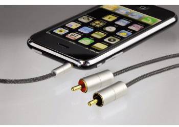 A smartphone connected with a cable to two RCA plugs. The display shows app icons.