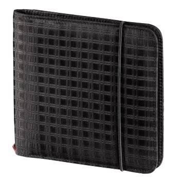 A black CD case with a square pattern and an elastic band for closure.