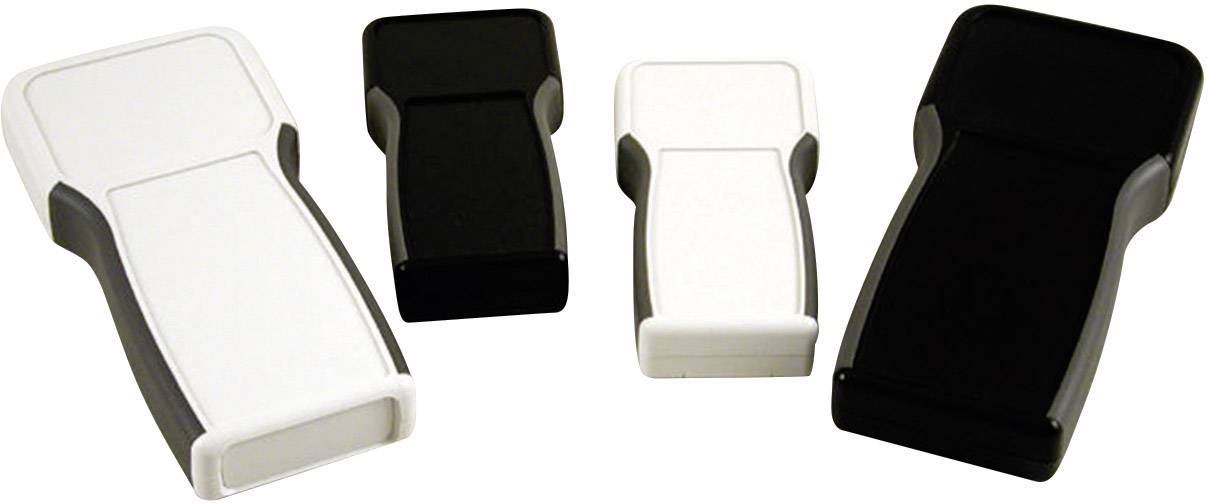 Four rectangular black and white plastic clamps in two different sizes, lying side by side on a white surface.