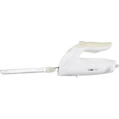 Electric knife in white with serrated blade and ergonomic handle, suitable for cutting meat and bread.