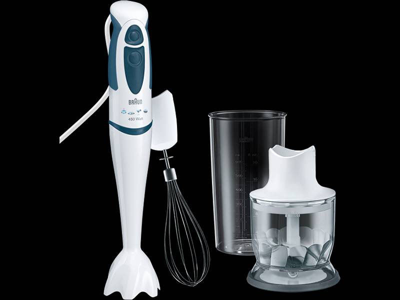 A white hand blender with a blue handle, corded, including a whisk attachment, mixing beaker, and chopping attachment on a black background.