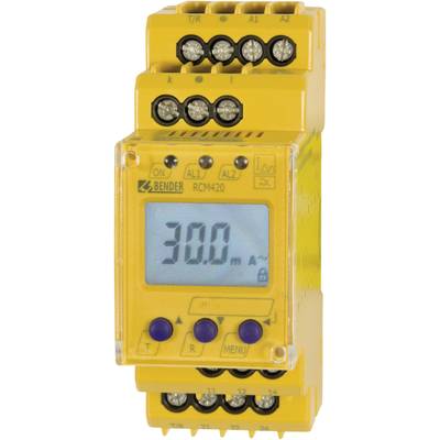 A yellow measuring device displays '30.0 mA' on the screen. It has several connections at the top and bottom, along with buttons for operation.