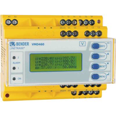 A yellow measuring device with a display shows voltages and frequencies. Symbols for information, test, reset, and menu are visible.