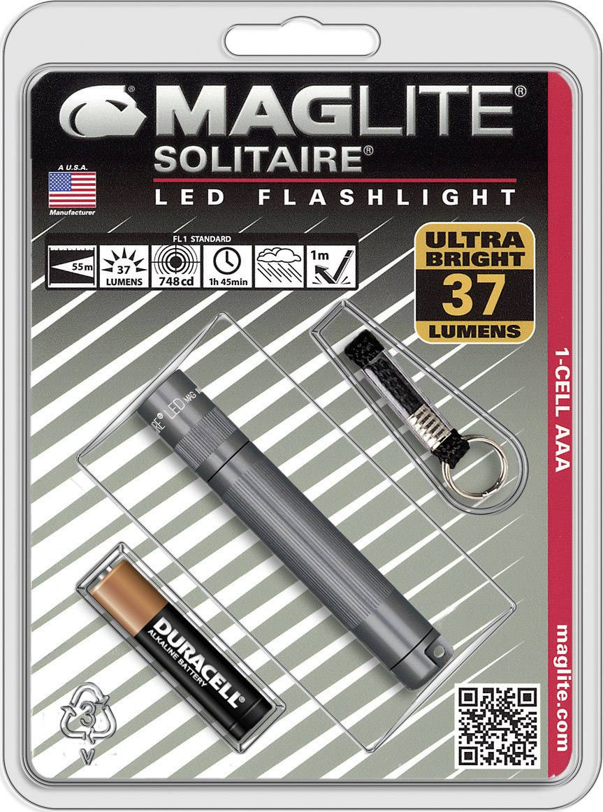 Packaging for a Maglite Solitaire LED torch with 37 lumens, battery, and keyring. Brightness and compact size emphasised.