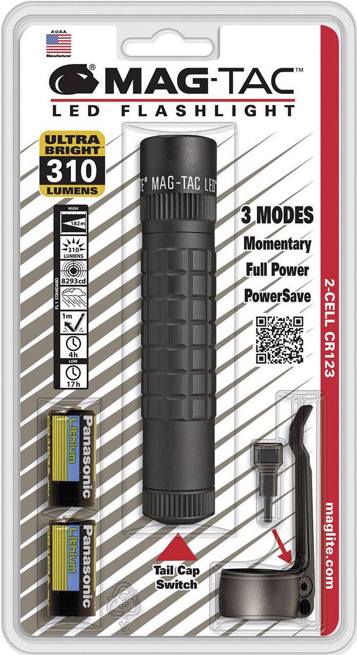 'Mag-Tac LED Torch, 310 Lumens, 3 Modes: Momentary, Full Power, PowerSave. Includes Tail Cap Switch, 2 CR123 Batteries.'