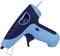 Blue hot glue gun on a white background. The gun has a trigger and an on/off switch.
