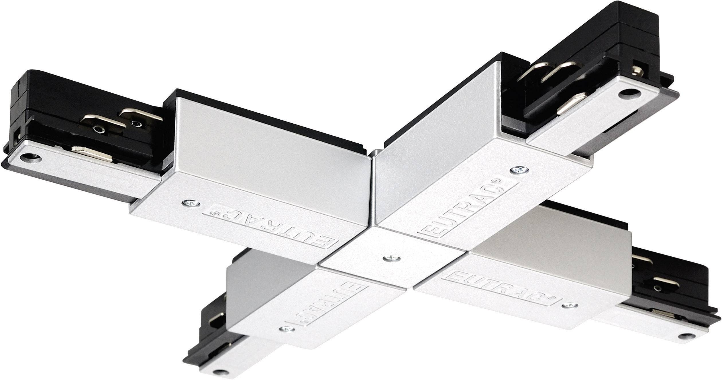Cross connector for 3-phase power rail in silver with black connections. Suitable for lighting systems.
