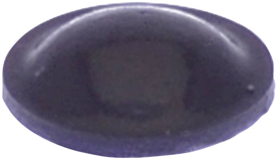 A single black plastic disc with a slightly curved surface, lies flat on a white background.