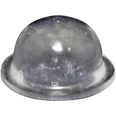 A silver, curved, metallic button on a white background.
