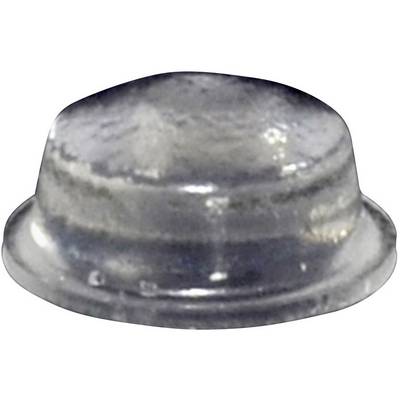 A small, transparent plastic cap with a flat top and an edge. It could serve as a protective or sealing element.