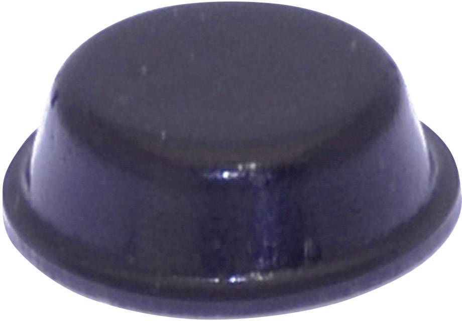 'A smooth, round, dark plastic button on a white background.'