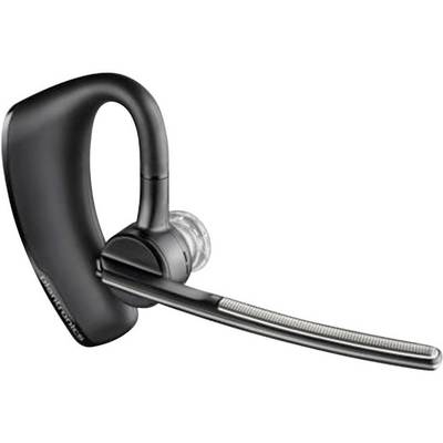 Black Bluetooth headset with ear hook and long microphone arm, suitable for wireless communication.