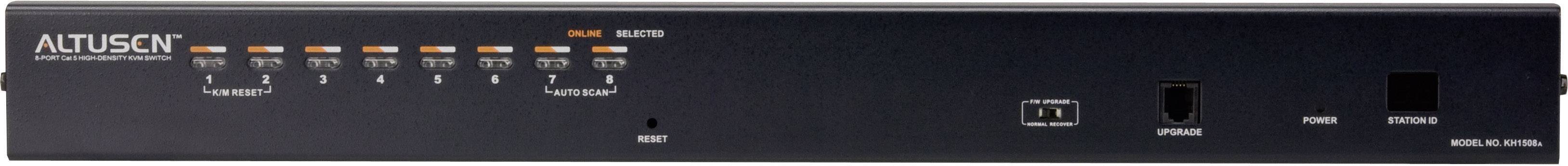 A black network switch with nine ports on the front panel and a power indicator beside it. The brand name is displayed on the left.