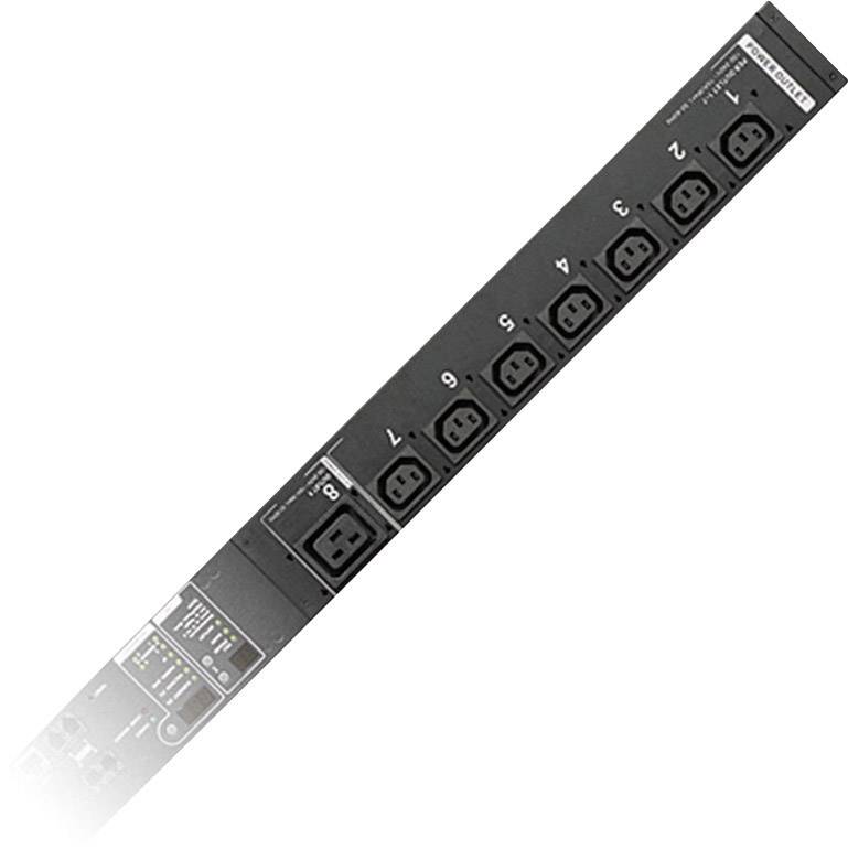 'Power distribution strip with eight numbered sockets and a mains cable connection point'