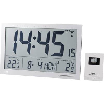 A digital wall clock shows 14:45, indoor temperature 22.5°C, outdoor temperature 2.9°C, date '8 MON 4'. An external temperature sensor is visible.