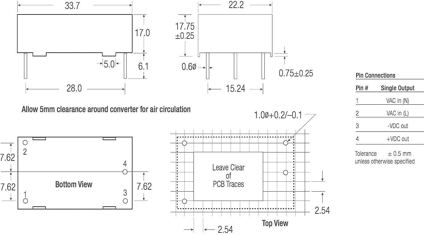 Technical drawing of a converter with dimensions in millimetres. Shows top, bottom, and side views with details of pin connections.