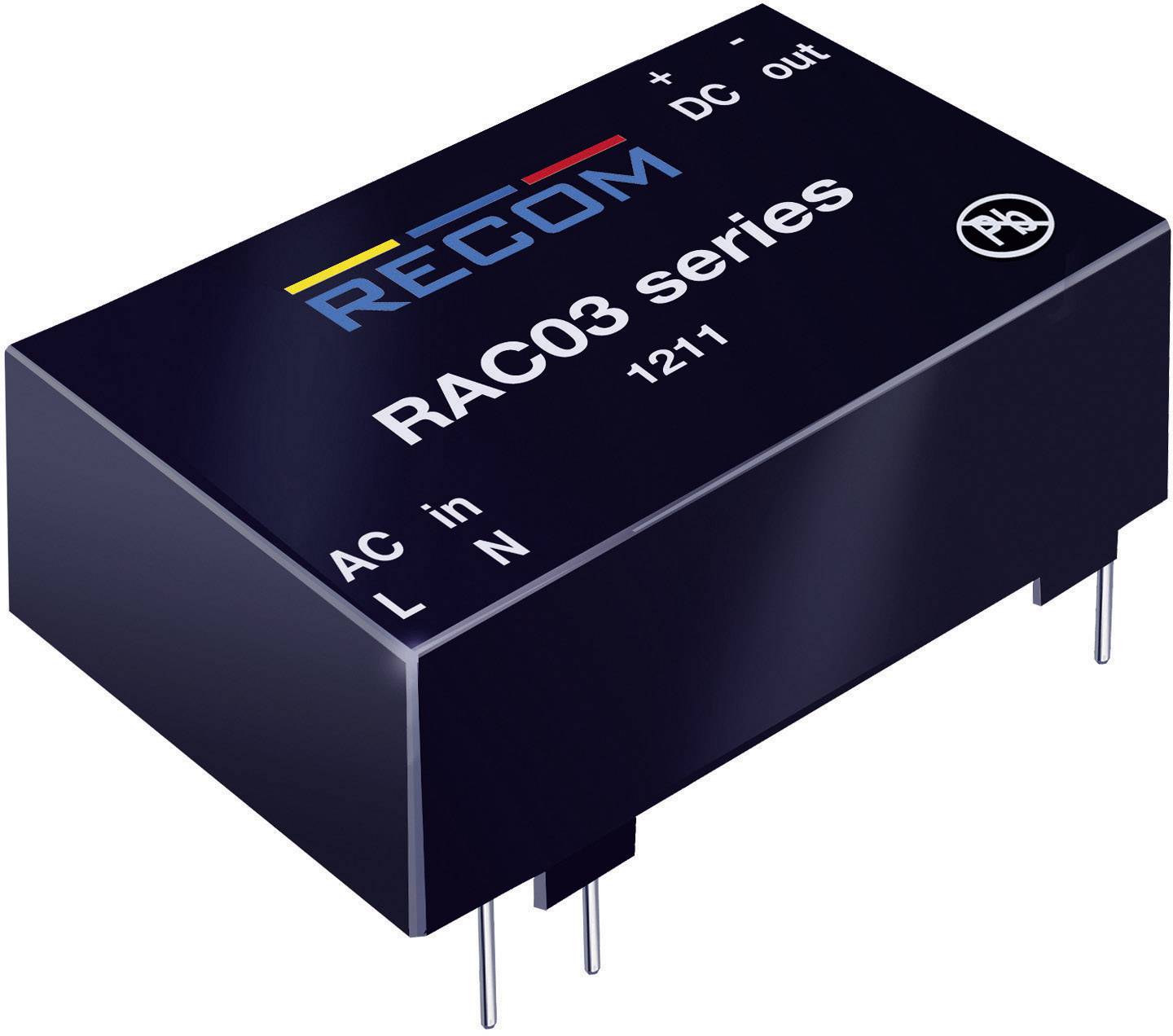 'Black power supply module from RECOM's RAC03 series with AC input and DC output, for electronic applications.'