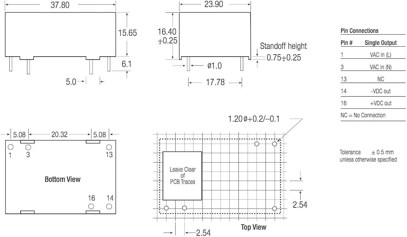 Electronic Component with Dimensions in mm. Shows Top View, Side View and Pin Configuration. Highlight: 'Leave Clear of PCB Traces'.