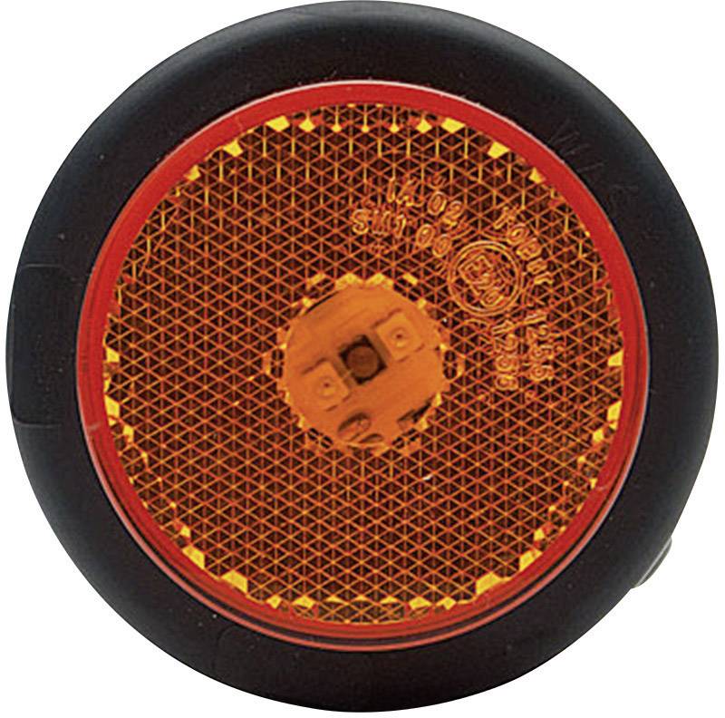 A round, orange reflector with a black border, typically attached to vehicles or bicycles to increase visibility.