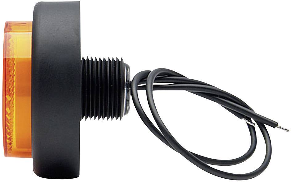 A side-mounted, round, orange warning light with a black housing and loose cable, suitable for mounting.