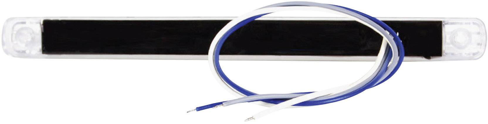 Long, rectangular LED light with a black stripe down the middle. Two cables, one blue and one white, are attached to it.