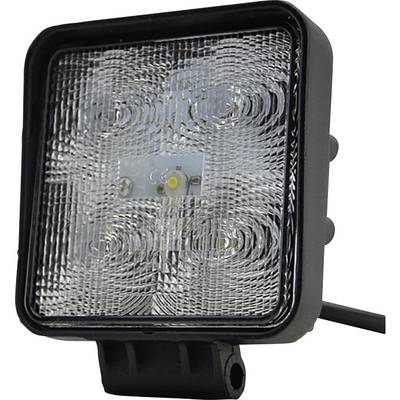 A rectangular LED spotlight with four round light sources and a textured glass surface, mounted on a black bracket.