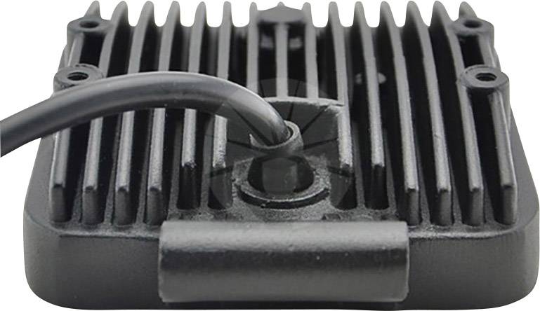 Black, rectangular heatsink with vertical fins and cable connection in the centre, ensures heat dissipation.