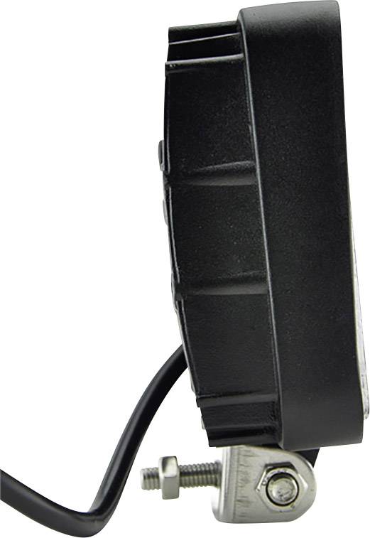 Side view of a black, round LED light with cable and screw mounting.