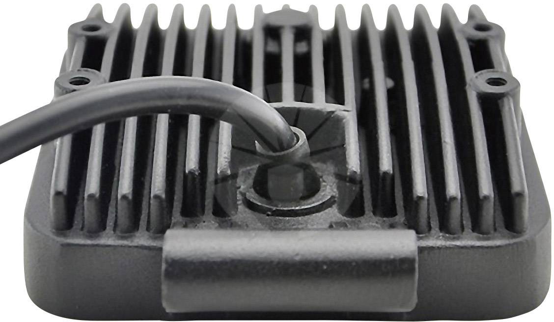 Black square device with cooling fins and a cable emerging from the centre. Possibly part of a technical apparatus.