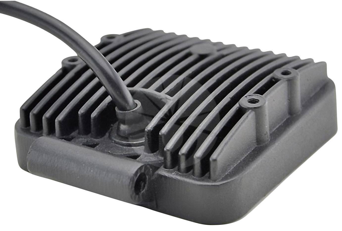 A rectangular electrical heat sink with a cable protruding from the top. It has parallel-running fins.