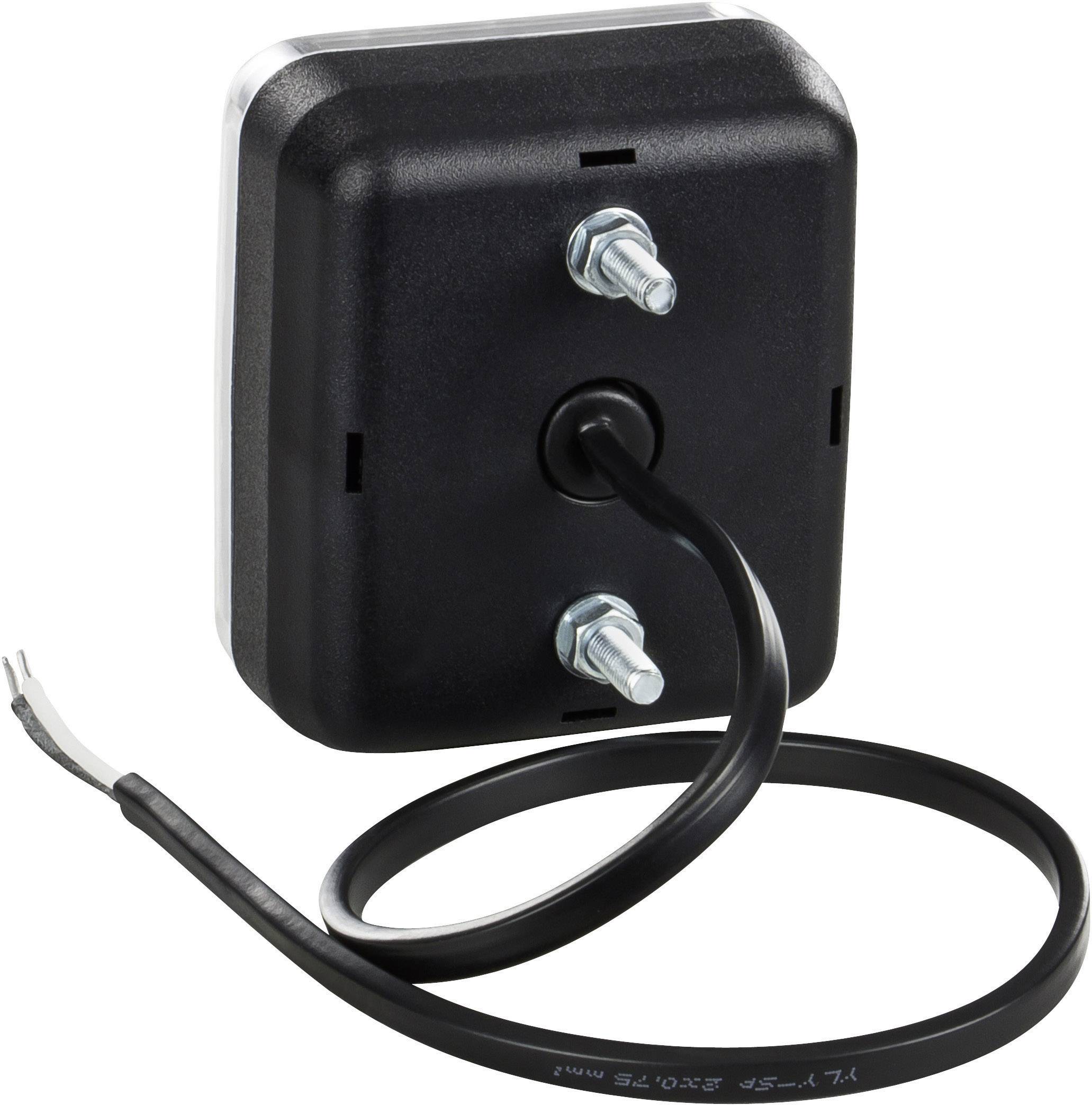 Rear view of a rectangular black device with two screw terminals and a protruding cable at the bottom.