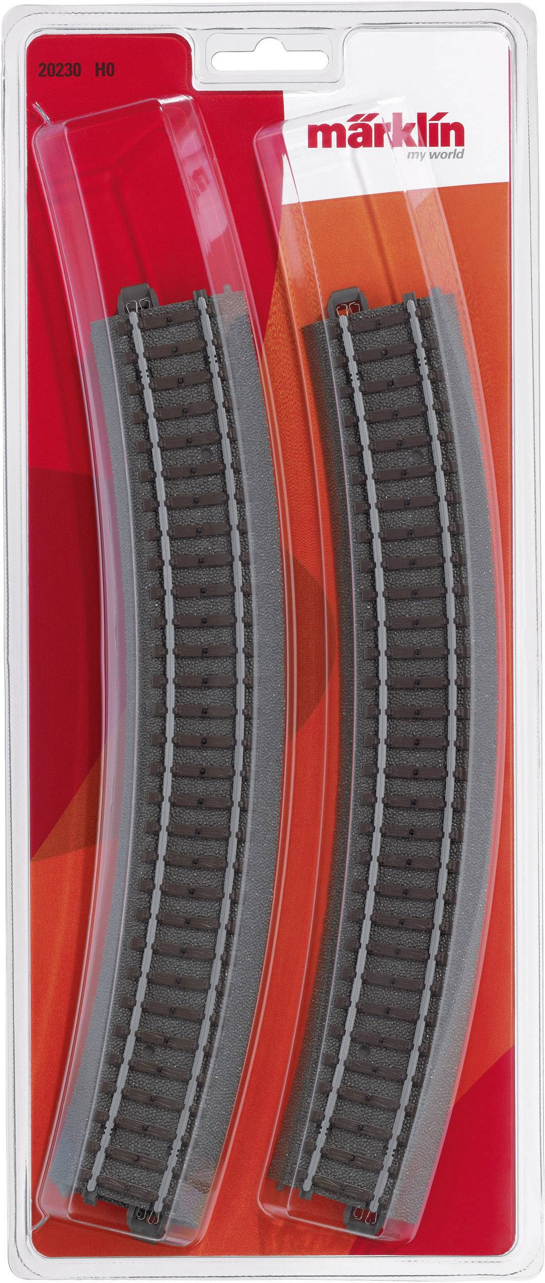 Packaging containing two curved model railway tracks by Märklin, in a transparent red box. Product number: 24930.