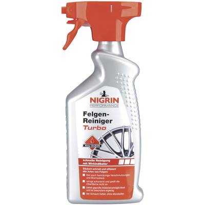 Spray bottle with the label 'Nigrin Performance Wheel Cleaner Turbo', featuring an image of a car tyre on the label.