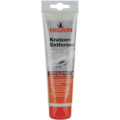 Tube of 'Nigrin Scratch Remover' in silver. Removes light scratches from car paintwork. Easy application according to packaging.