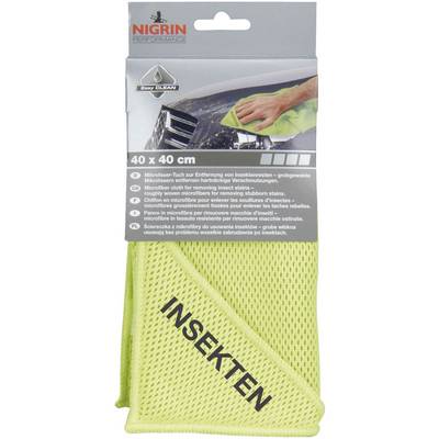 'Microfibre Cloth for Removing Insect Remains' shows a yellow cloth on a car illustration. Brand name 'Nigrin', size 40x40 cm.