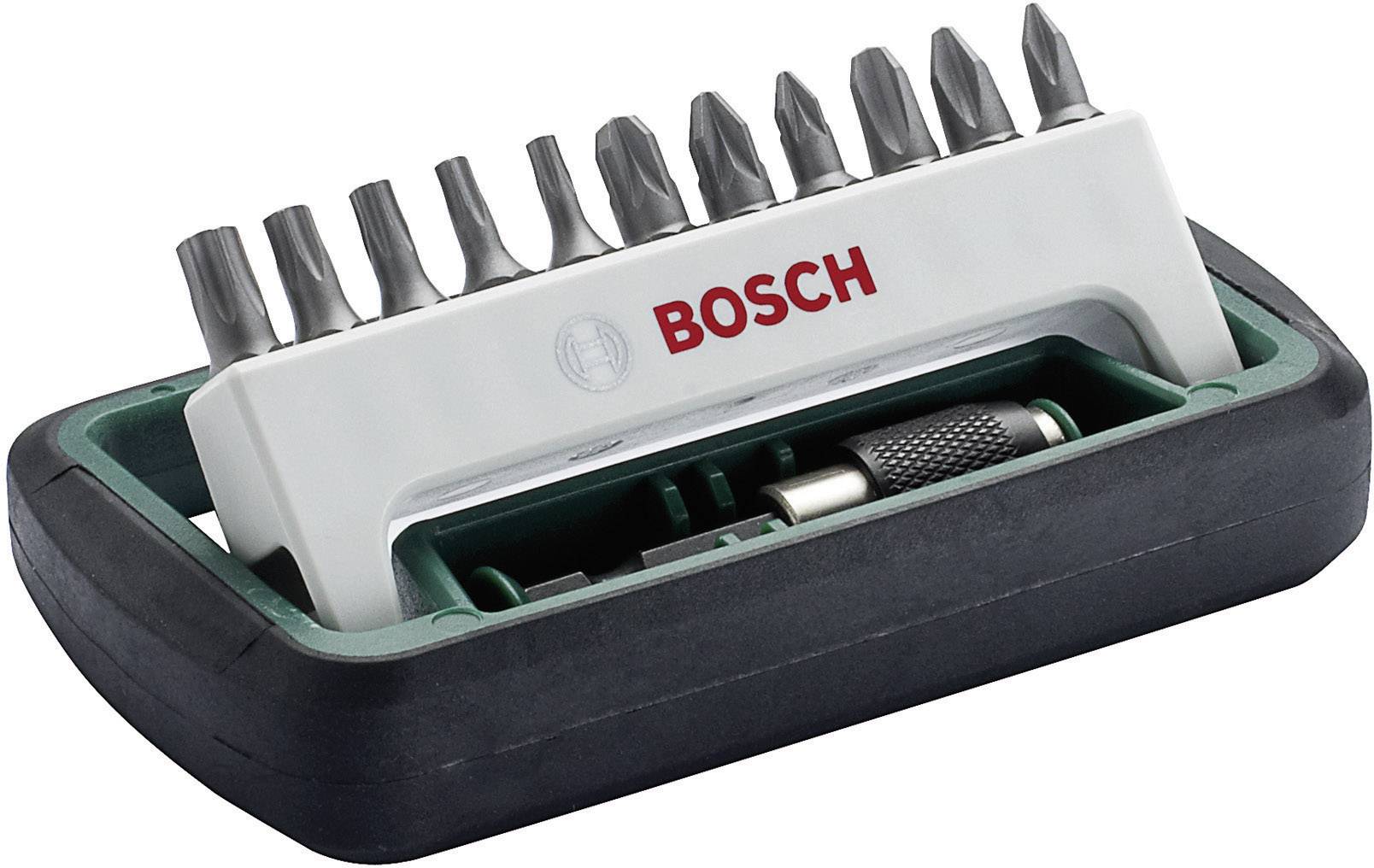 Bosch screwdriver set with various bits in a compact holder, suitable for versatile screw-driving tasks.