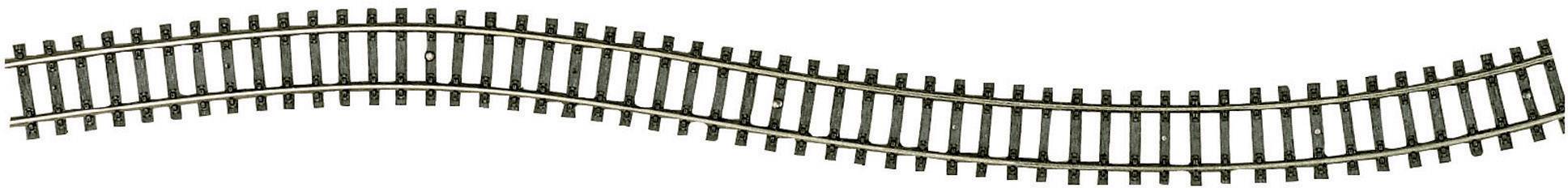 A gently curved model railway track.