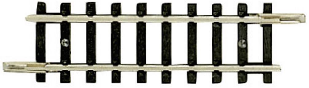 A short straight model railway track section made of black plastic with metal rails for use in model railway layouts.