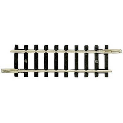 A short straight model railway track section made of black plastic with metal rails for use in model railway layouts.