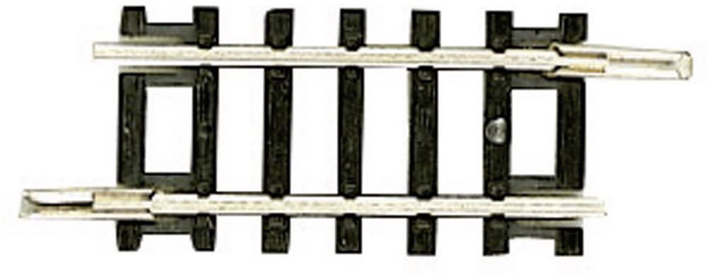 Model railway track section with black sleepers and silver rails, viewed from above.