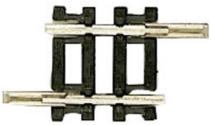'Rail track connectors for model-making; two dark-coloured plastic components, each with two metal contacts for joining track segments.'