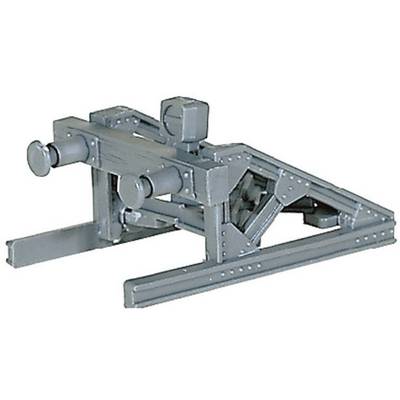 Grey, robust model of a buffer stop with bolts and bracing. Used to safely halt trains at the end of a railway track.