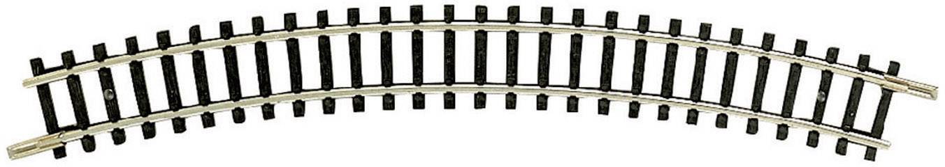 A curved model railway track made of metal with black sleepers, suitable for use in model railway layouts.